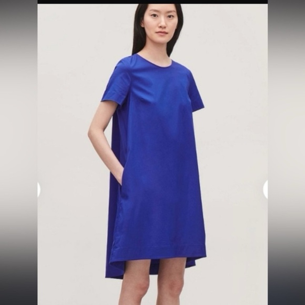 COS Royal Blue Poplin A-Line Dress with Pockets Size 10 Trapeze Short Sleeve